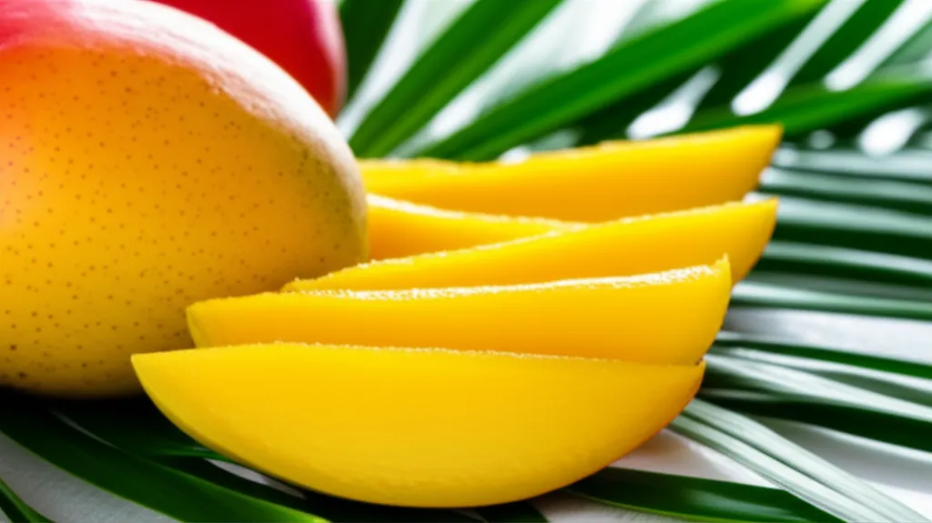 Ripe mango and bright mango slices on palm leaves